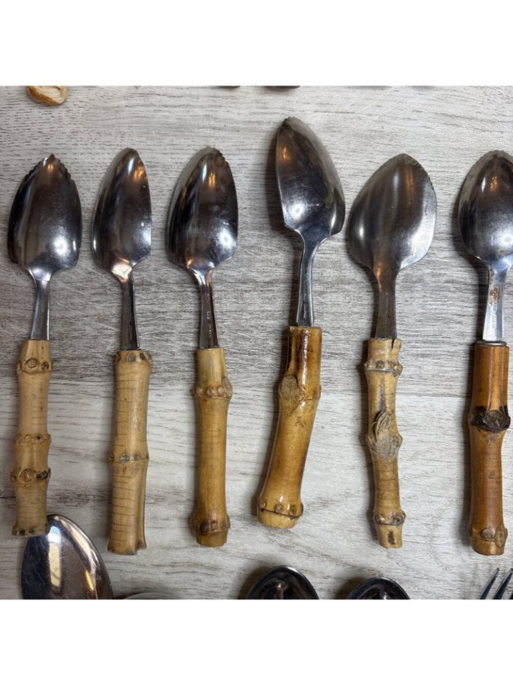 Vtg 29pc Bamboo Handle Flatware Silverware and Serving Pieces Stainless Japan - Picture 10 of 14